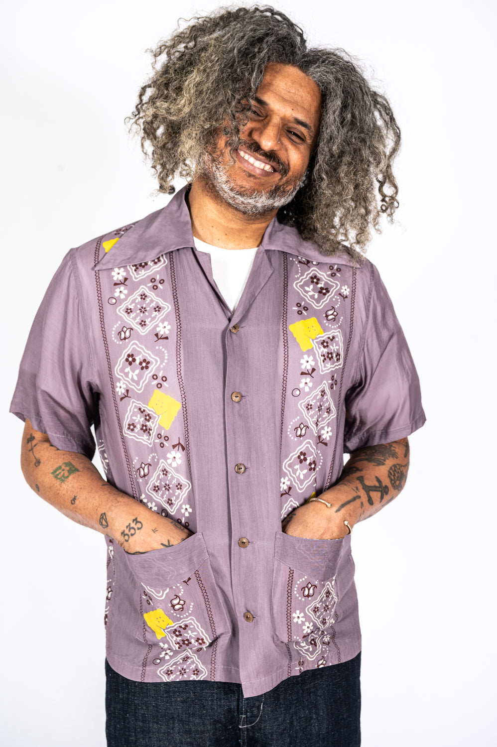 Silk Rayon PECKISH RAINBOWY WRANGLE Collar Cuba Shirt, Purple
