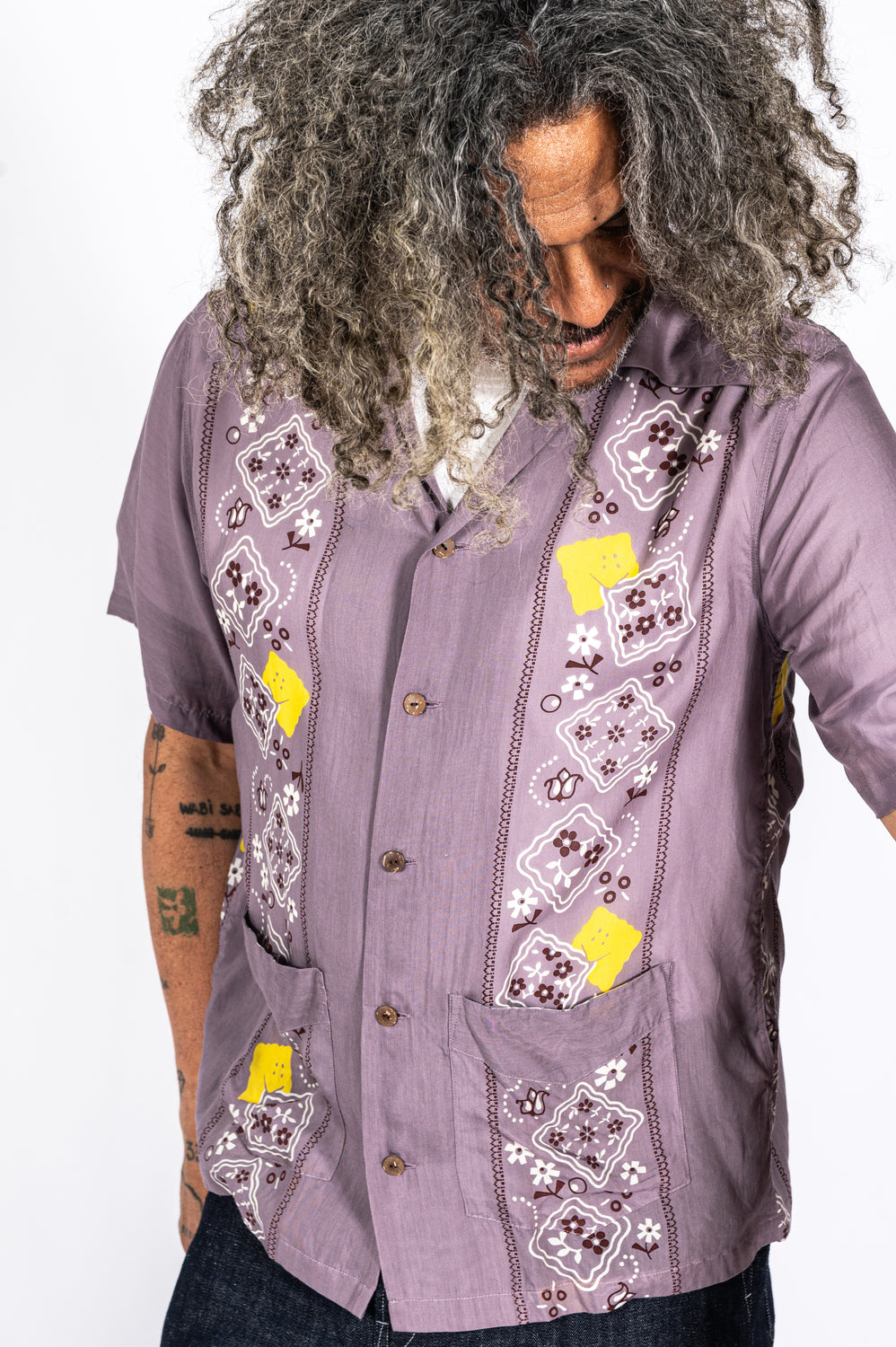Silk Rayon PECKISH RAINBOWY WRANGLE Collar Cuba Shirt, Purple