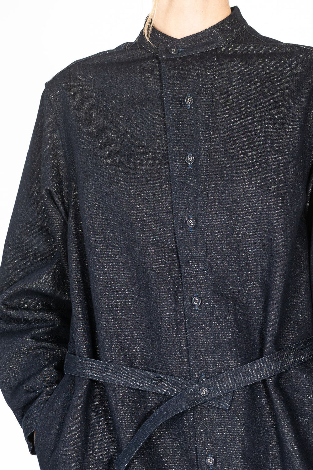 Gold Yarn Indigo Band Collar Shirt Dress