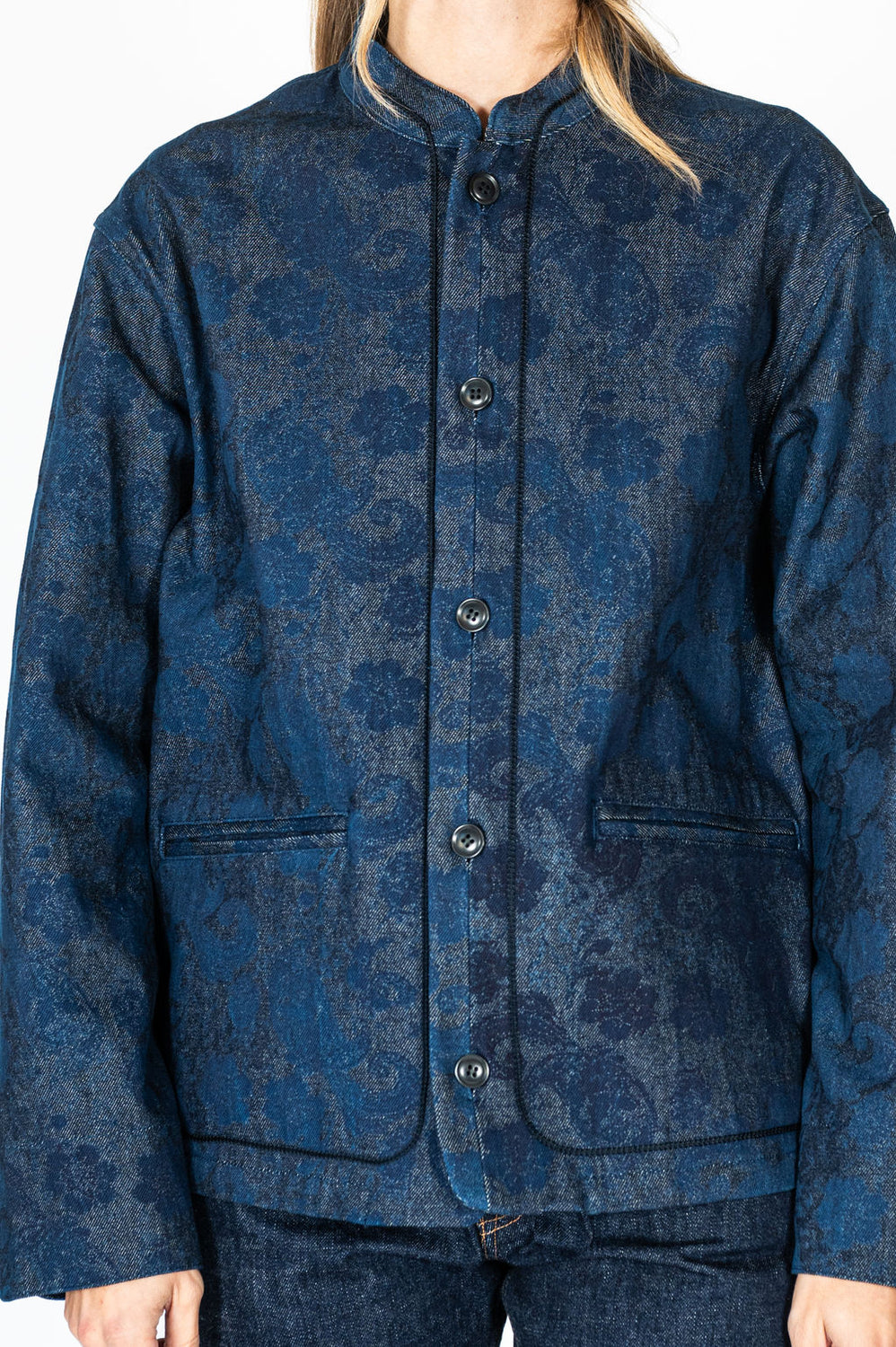 Woven Discharge Printed Denim Tsujigahana Stand Up Collar Jacket