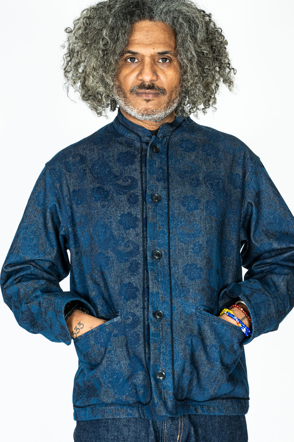 Woven Discharge Printed Denim Tsujigahana Stand Up Collar Jacket