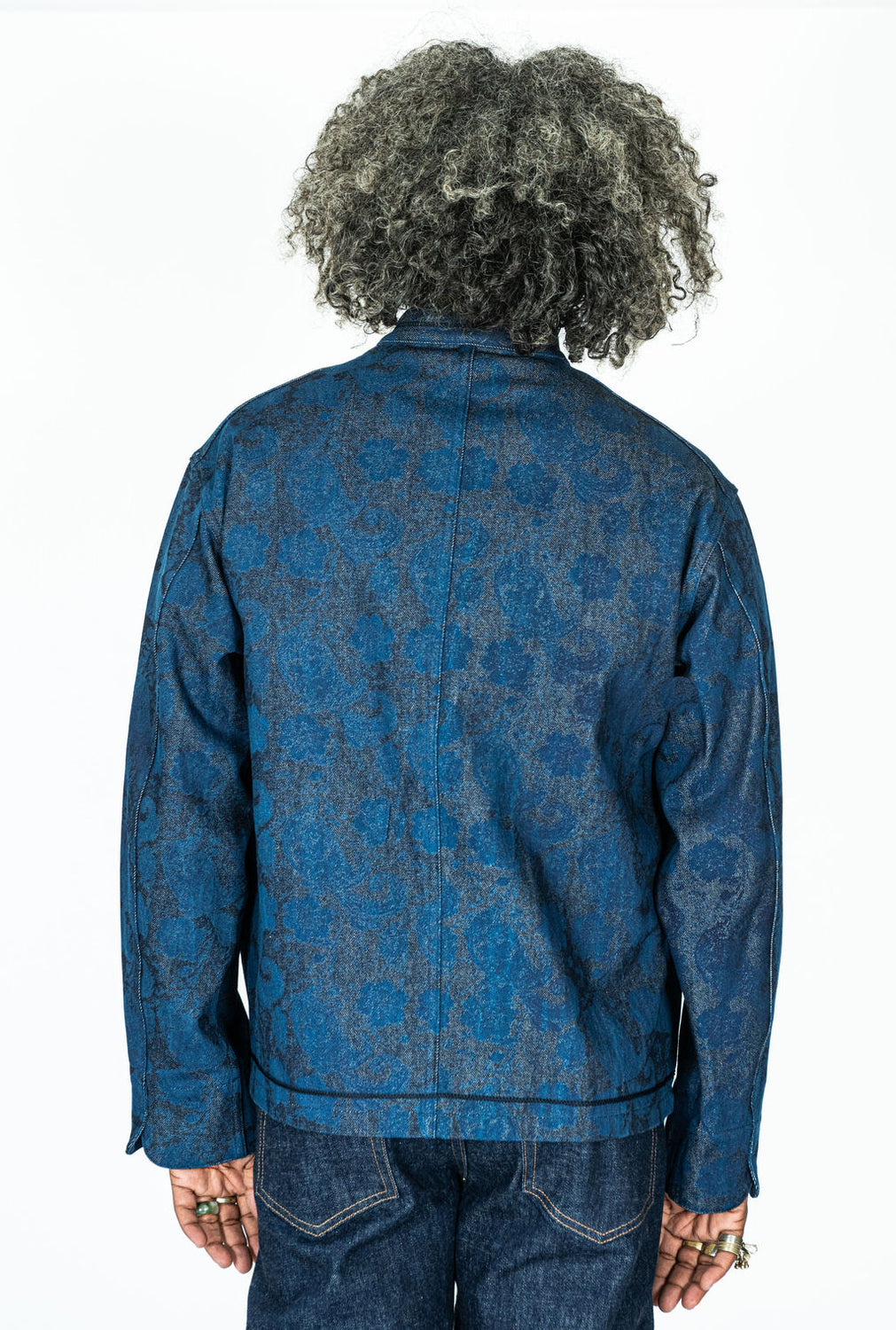 Woven Discharge Printed Denim Tsujigahana Stand Up Collar Jacket