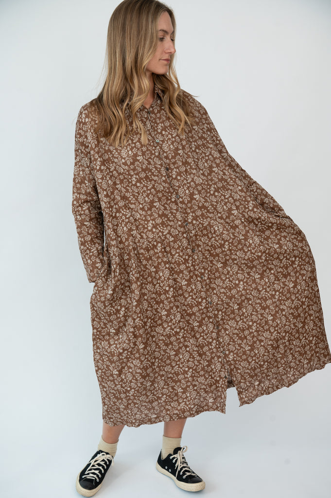 Linen Flower Dress Brown