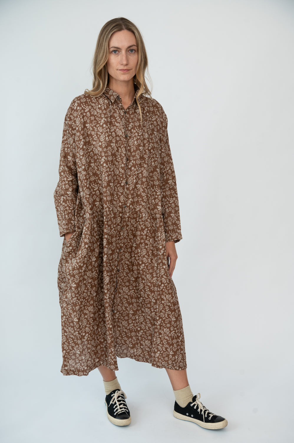 Linen Flower Dress Brown