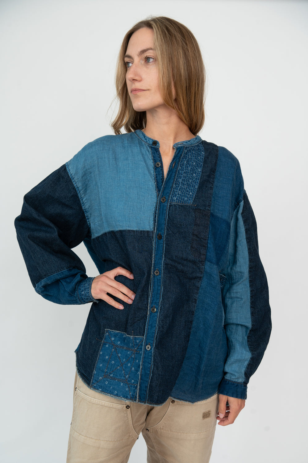 Cotton/Linen IDG Patchwork Band Collar KATMANDU Shirt