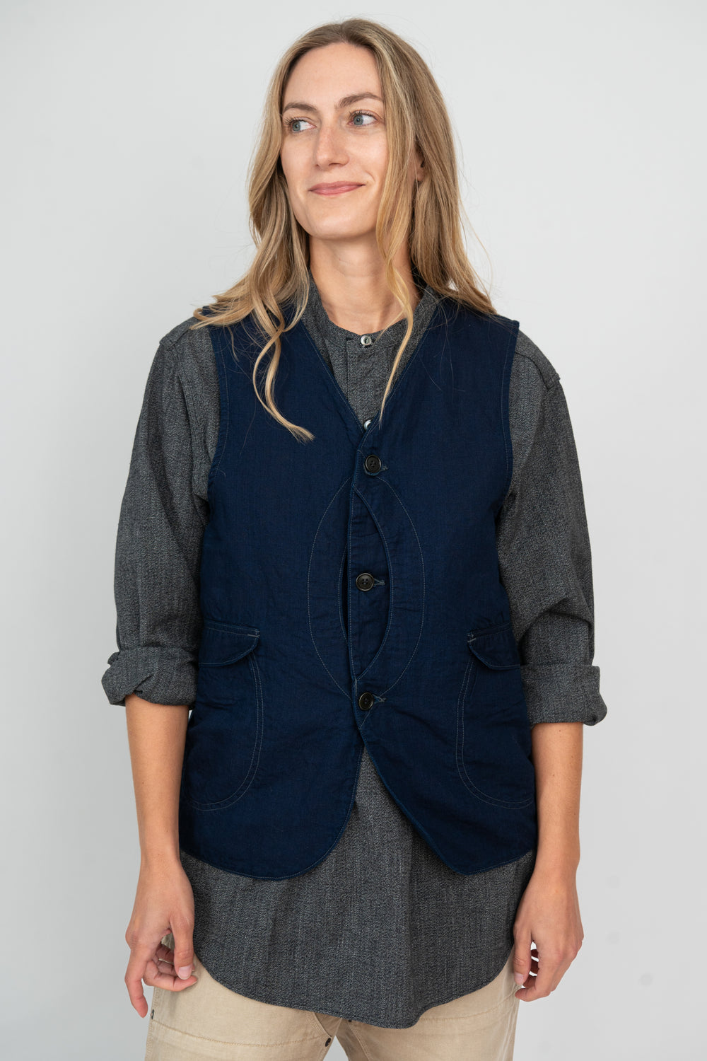 Royal Traveler Vest, Cotton and Linen Denim Indigo Wash