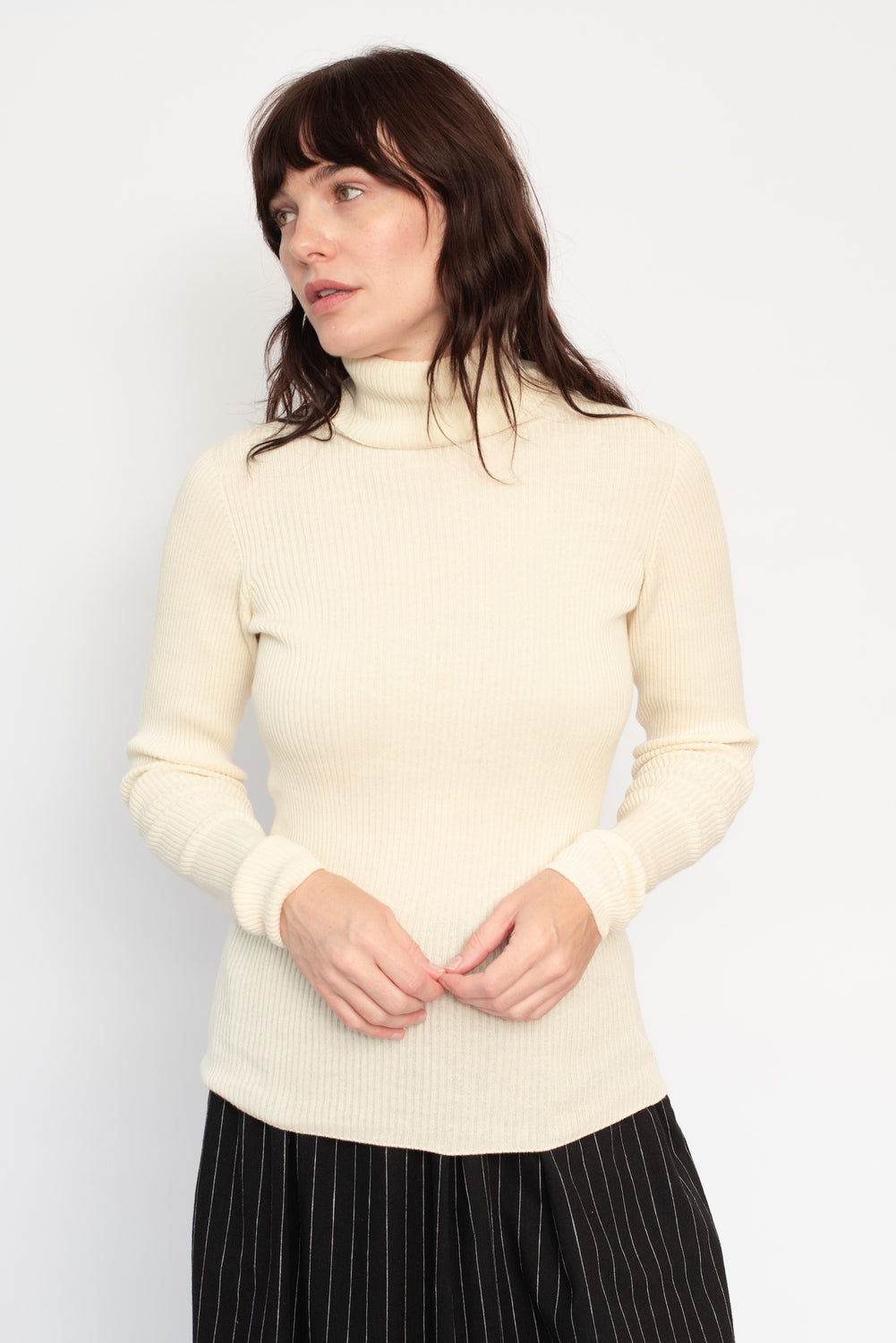 Wholegarment Rib Knit Cotton Turtleneck Ivory