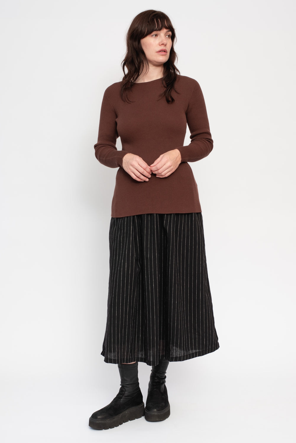 Wholegarment Rib Knit Cotton Pullover
