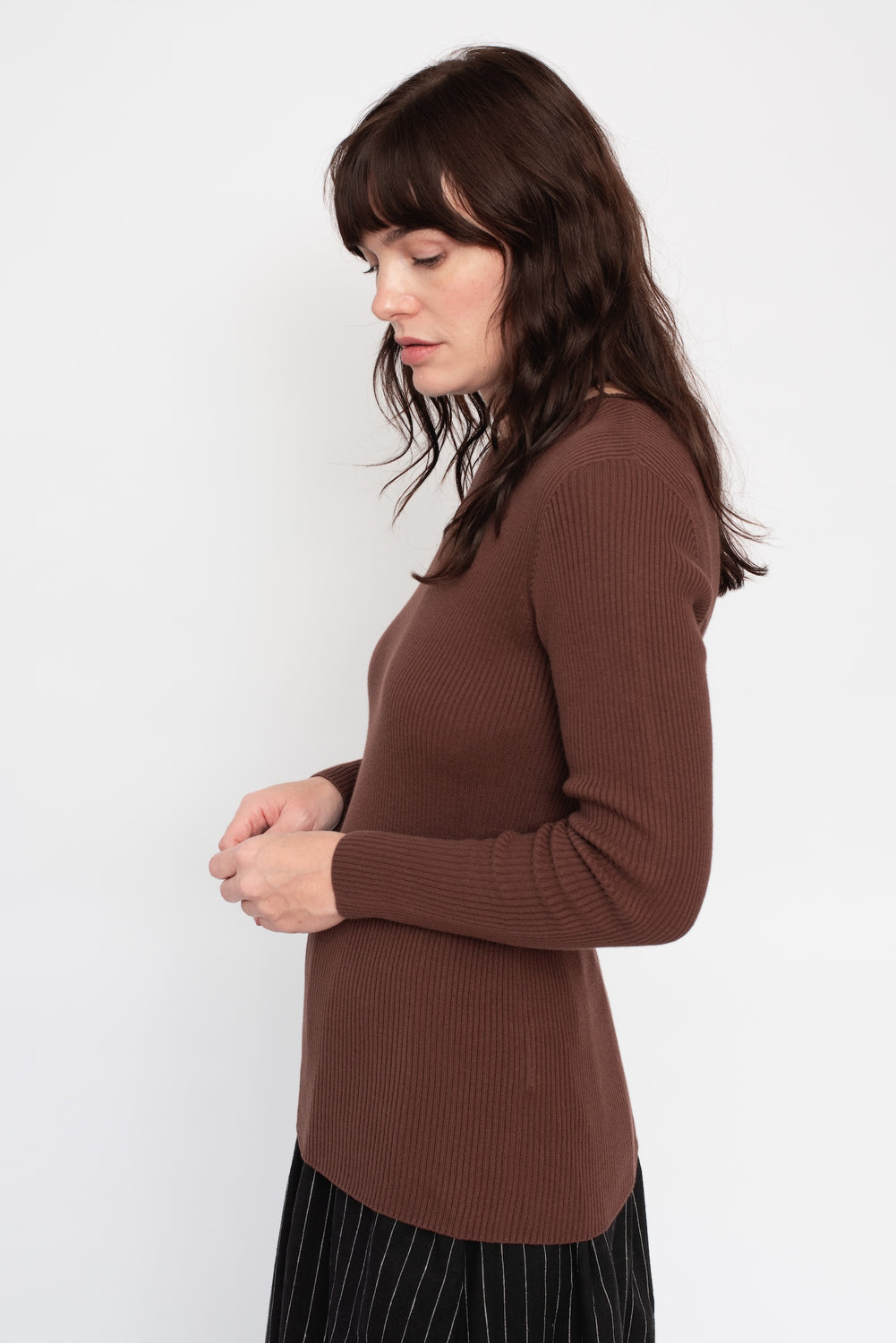 Wholegarment Rib Knit Cotton Pullover