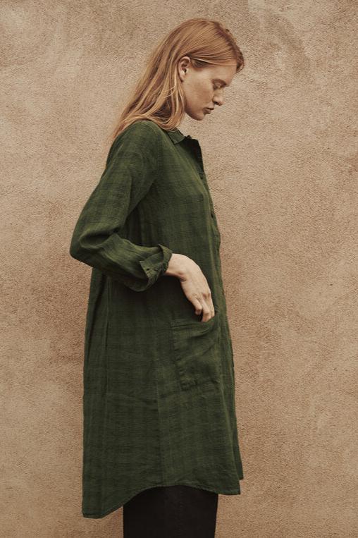 Green Check Linen Shirt Dress