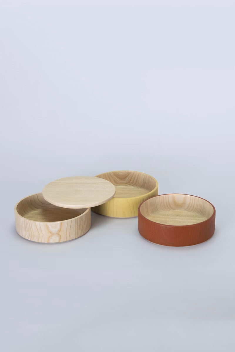 Border 3-Tier Containers, Natural, Mustard and Chocolate