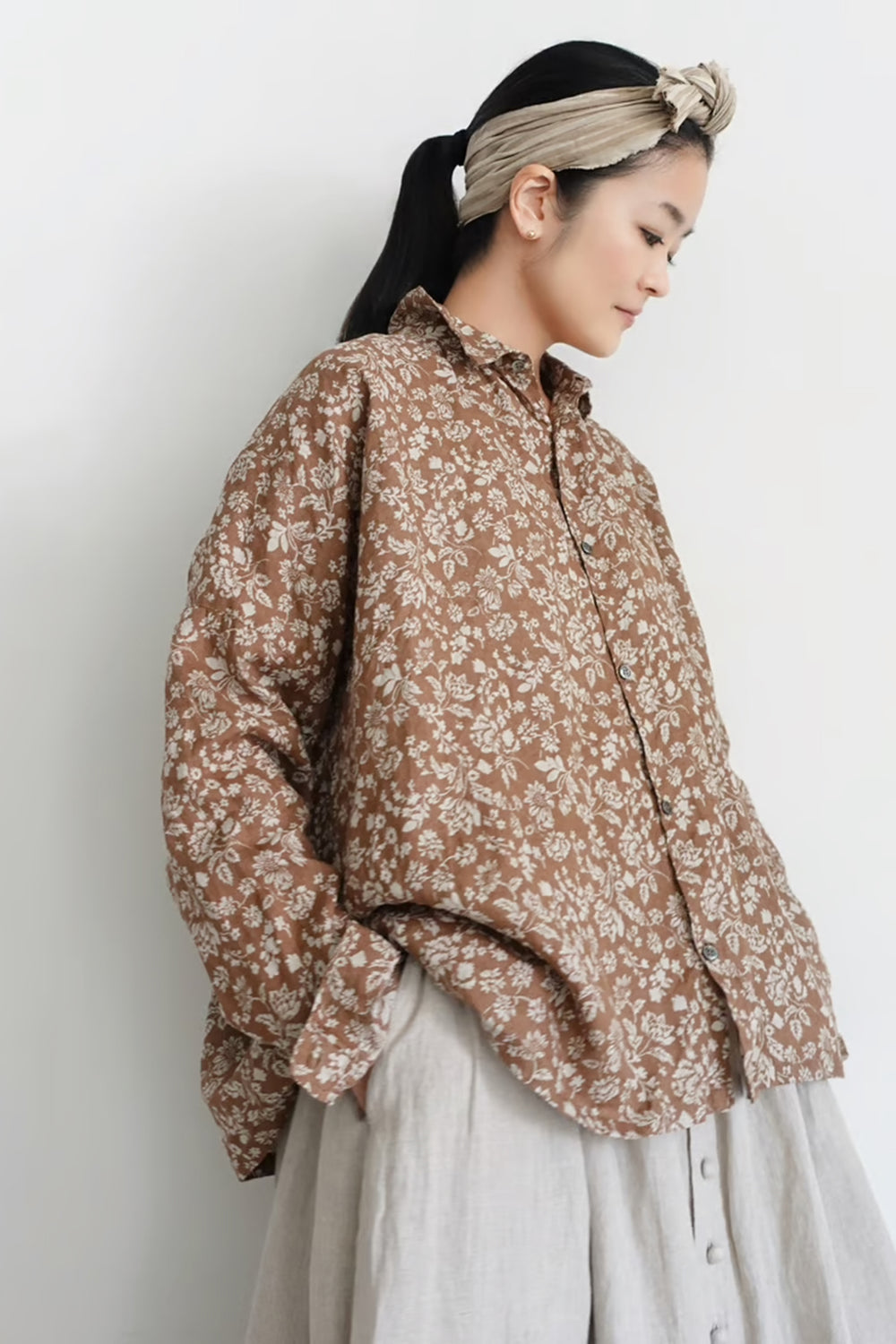 Linen Flower Shirt Brown