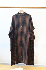 Linen Gingham Check Shirt Dress Brown