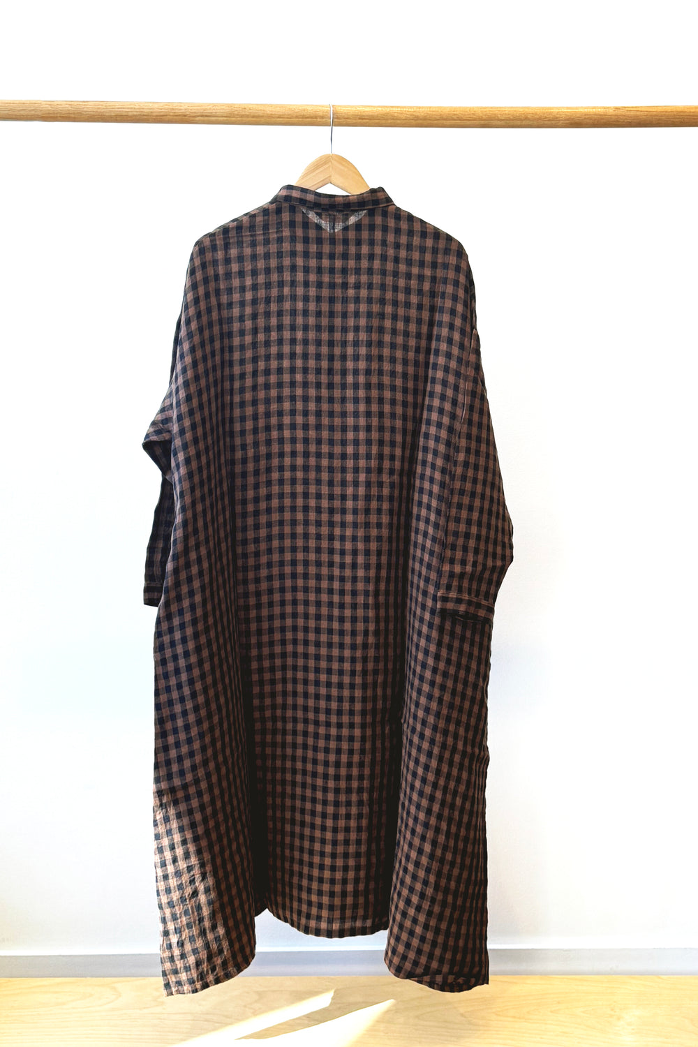 Linen Gingham Check Shirt Dress Brown