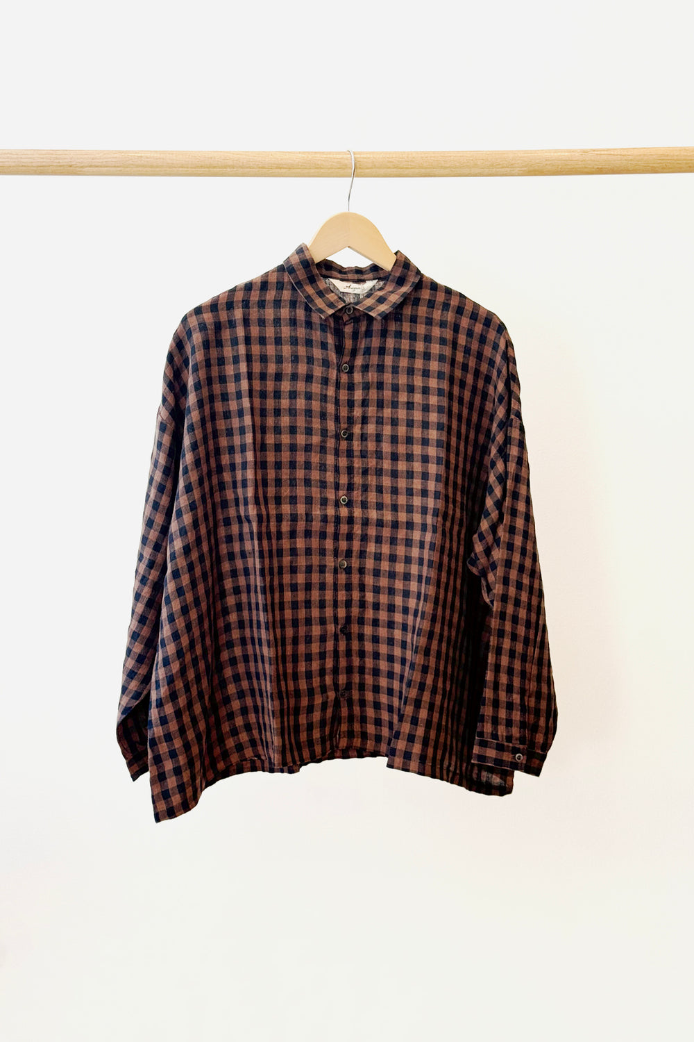 Linen Gingham Check Shirt Brown