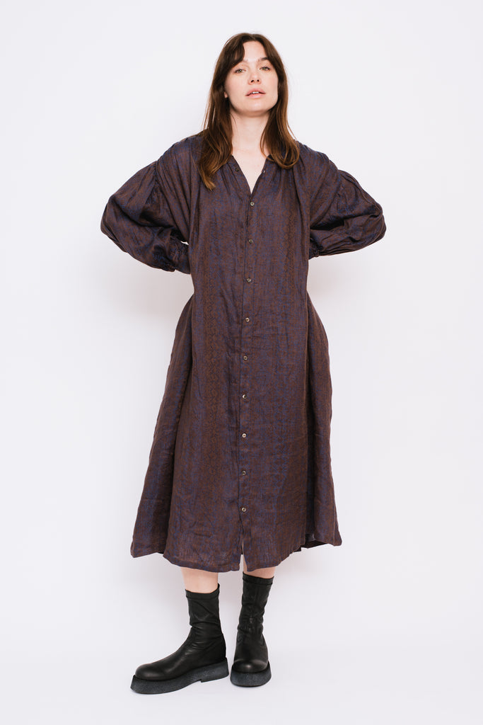 AZTECA JACQUARD Woven Linen Dress Brown