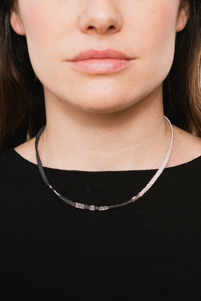 Oxidized Silver Necklace with Silk, HRX