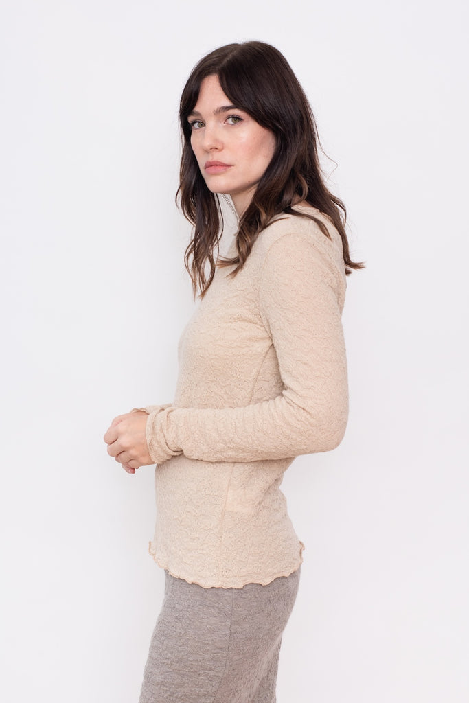 Merino Bubble Wool Round Neck Sweater, Almond