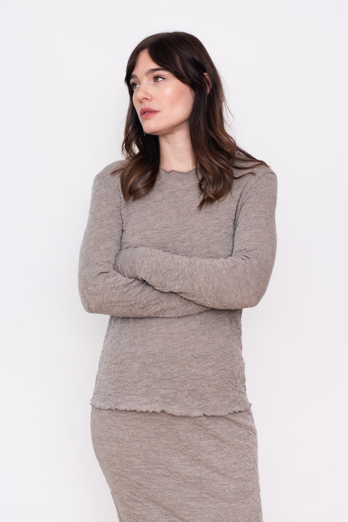 Merino Bubble Wool Round Neck Sweater, Elephant Melange