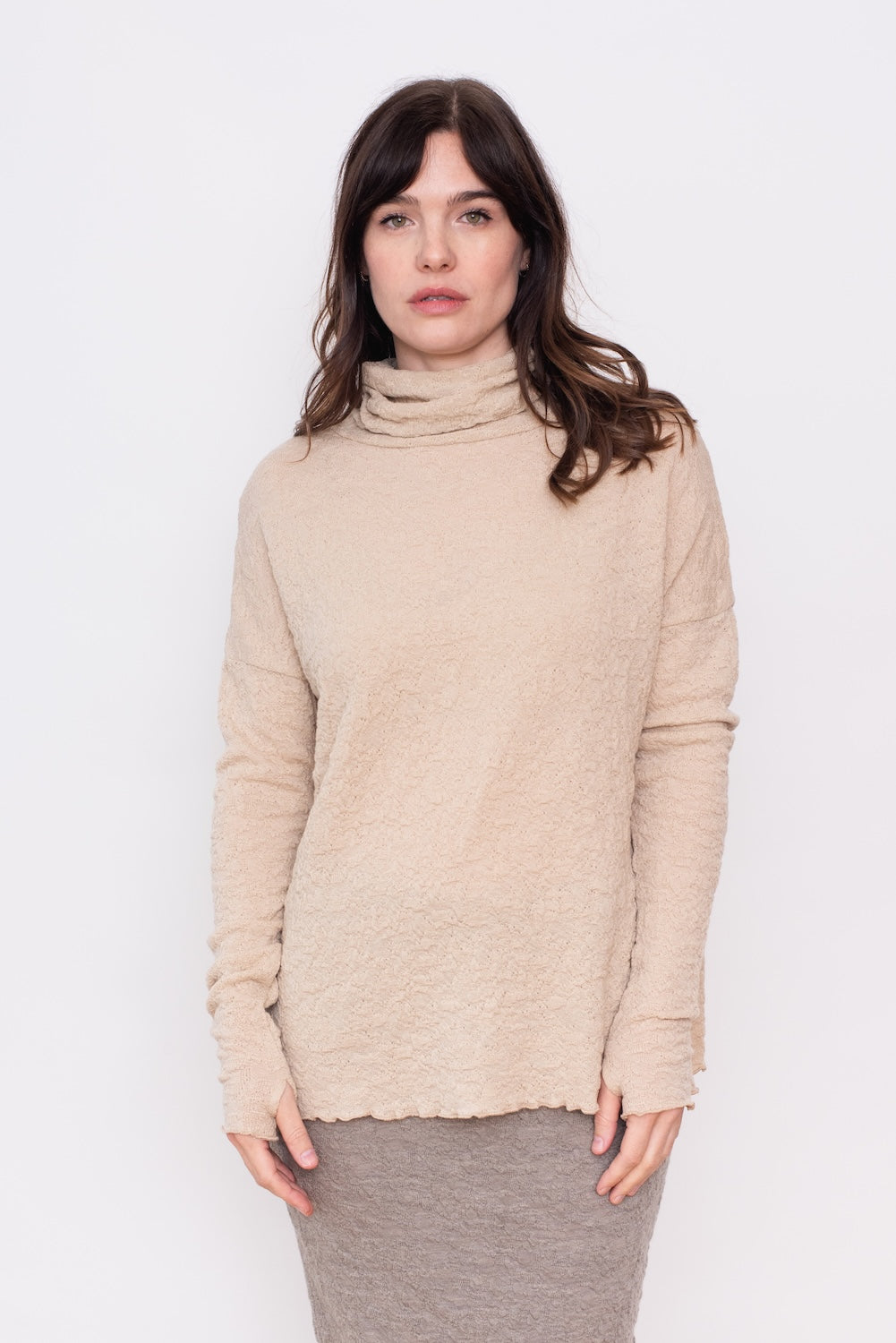 Merino Bubble Wool Roll Neck Sweater in Almond