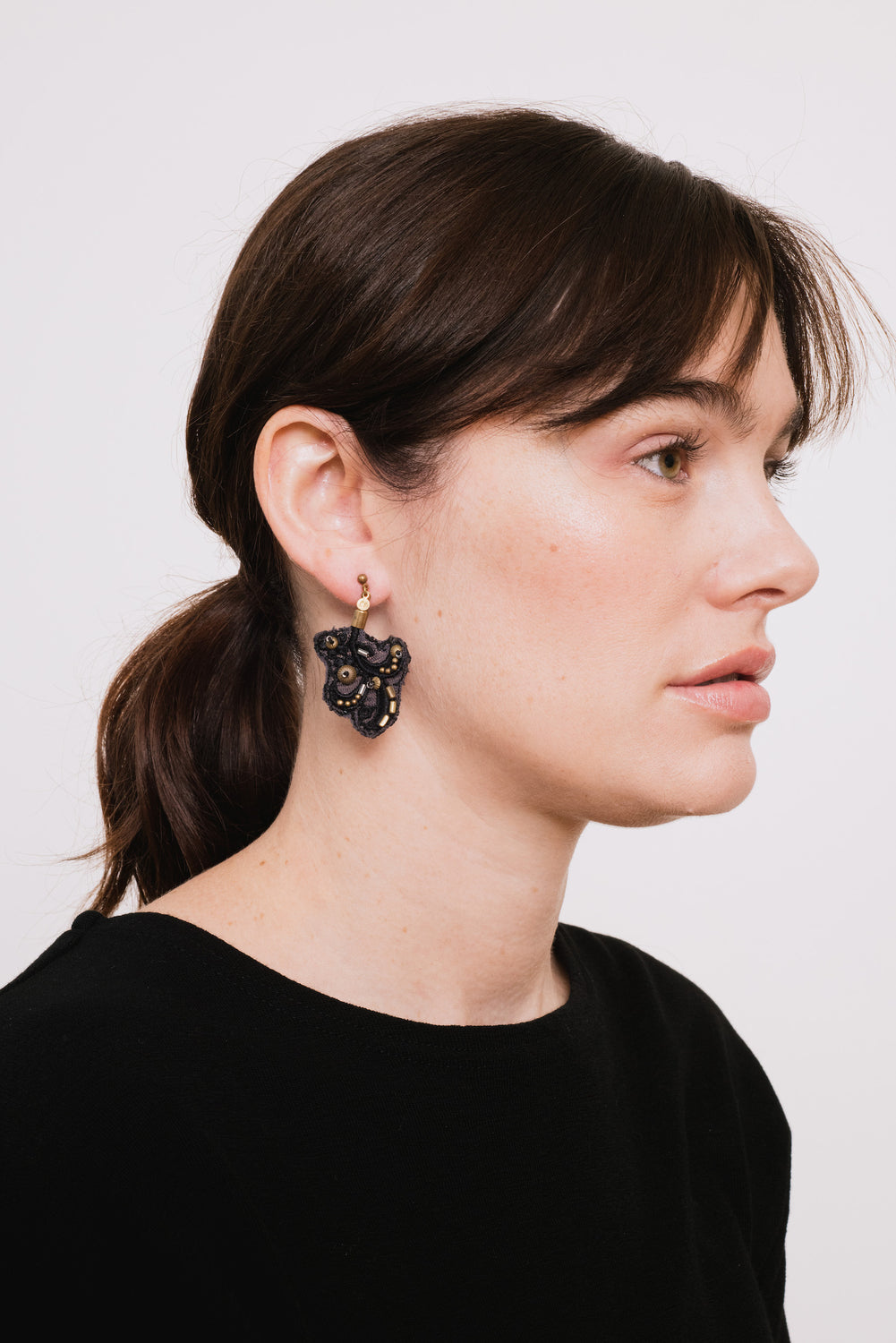 Fabric, Brass and Glass Earrings Black