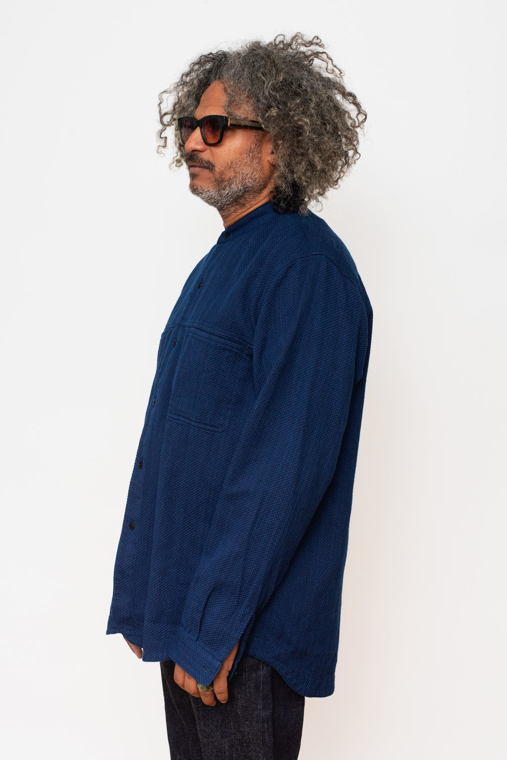 Kasezome Sashiko Band Collar Long Sleeve Shirt