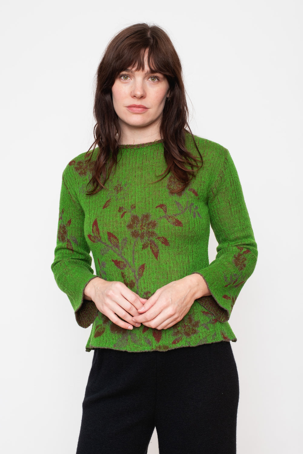 Knit Wool Sweater Floral Green