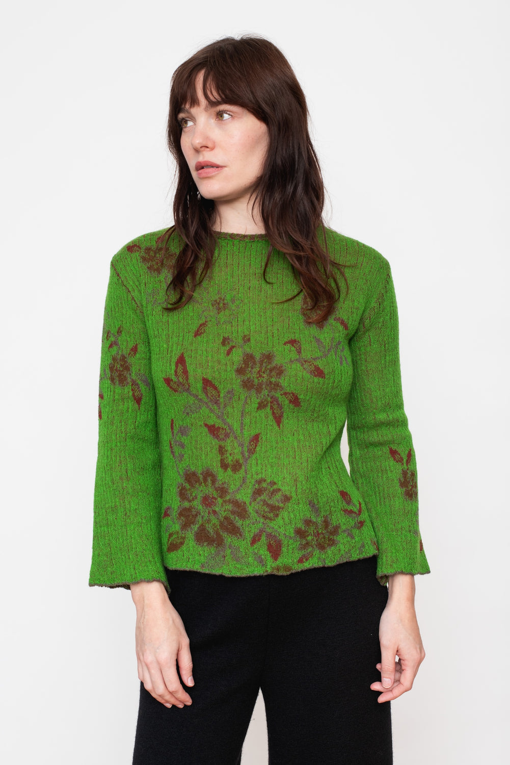 Knit Wool Sweater Floral Green