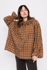 Wool Check Frill Blouse, Terracotta
