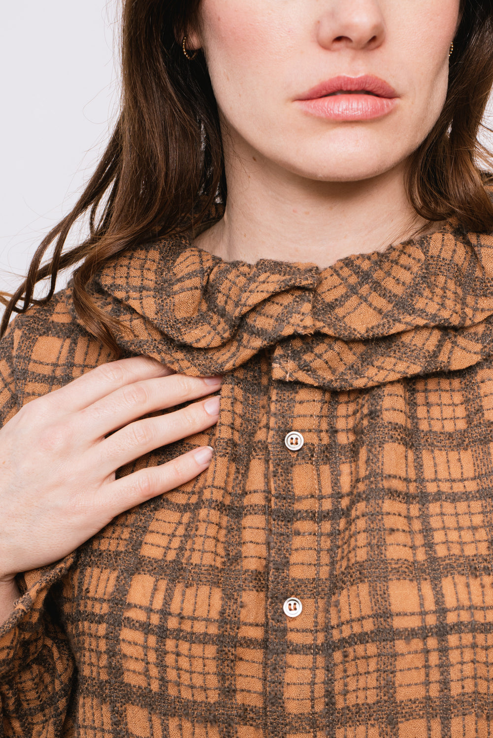 Wool Check Frill Blouse, Terracotta
