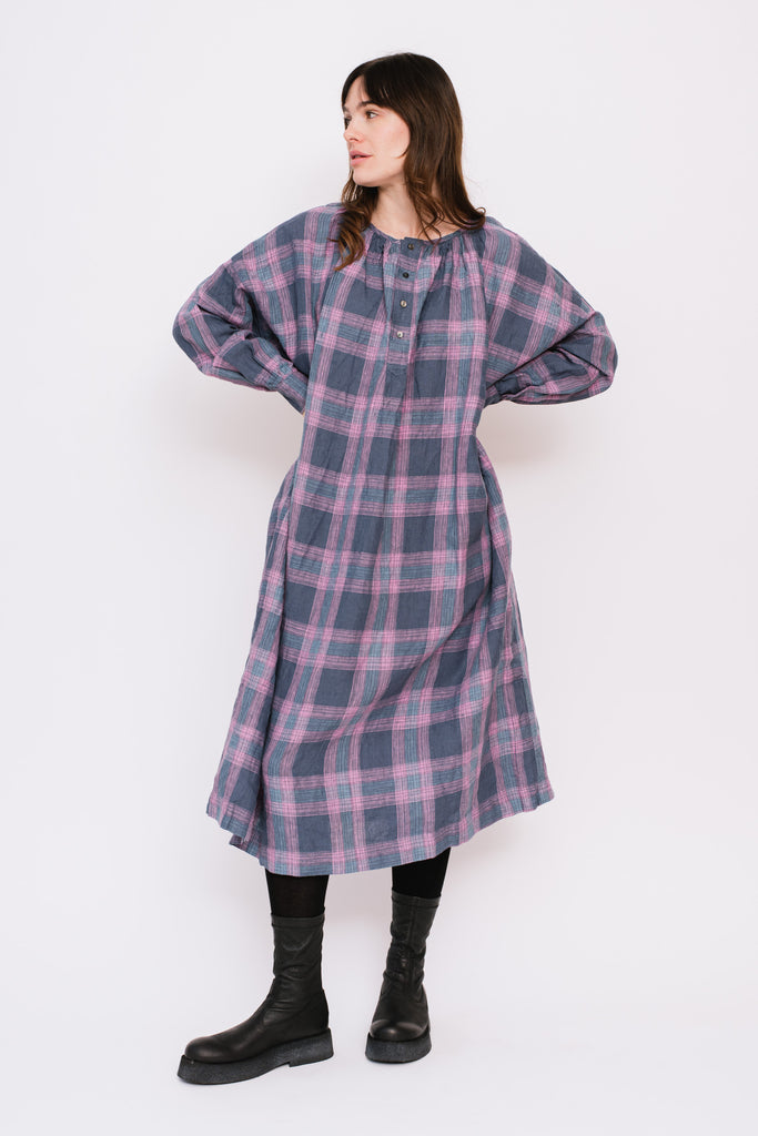 Linen Check Dress, Navy