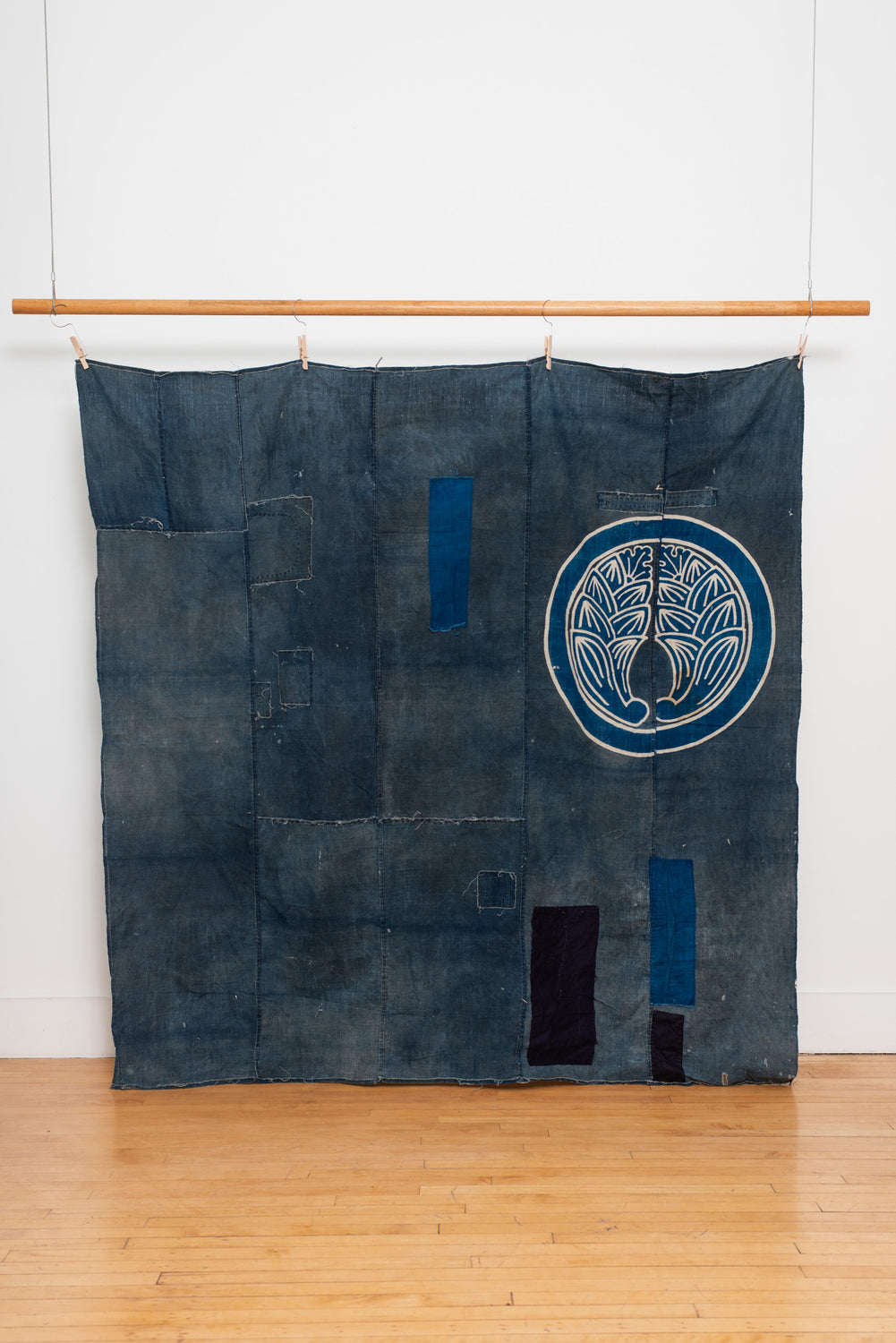 Large Japanese Indigo Textile with Kamon Crest (Boro Panel)