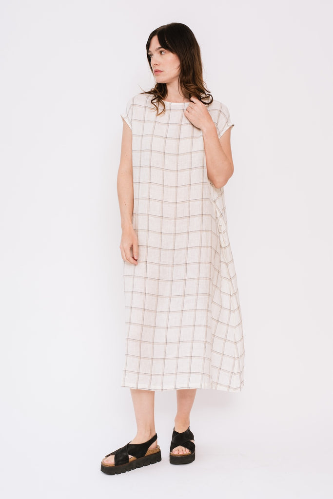 LINEN CHECK Dress, Ecru