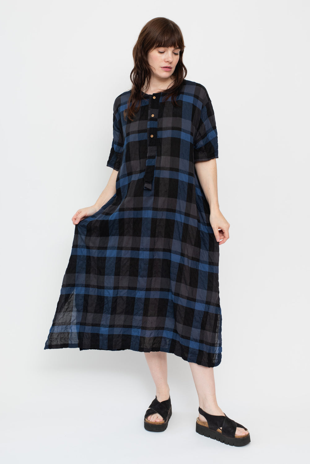 Shirring Dress Blue Check