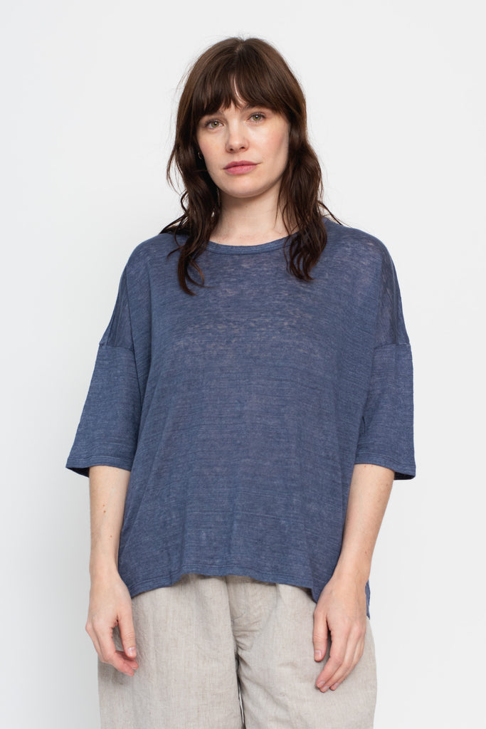 Linen Wide T Shirt Grey Blue