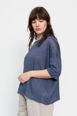 Linen Wide T Shirt Grey Blue