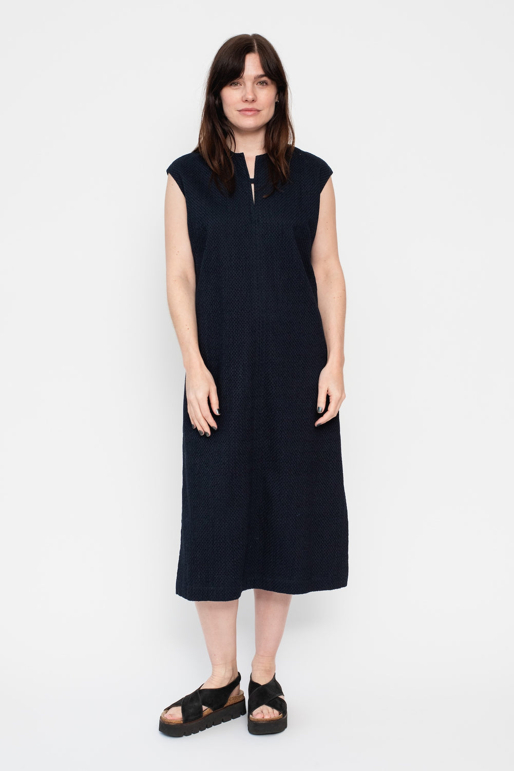 Woven Cotton Meyer Lace Slit Neck Dress