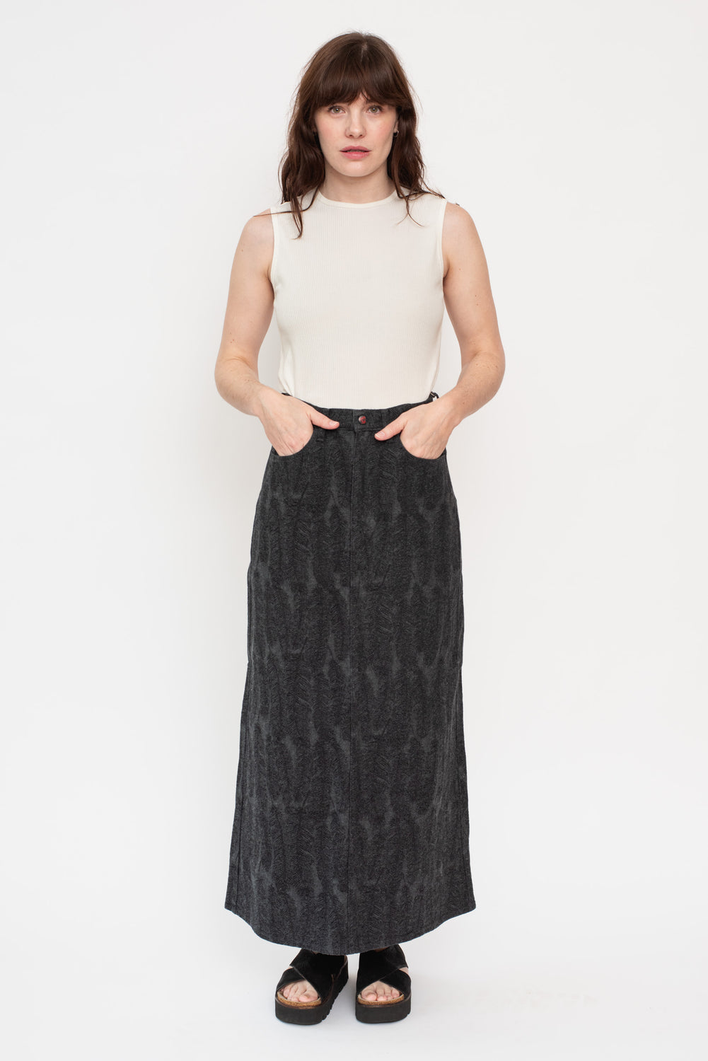 12oz MAGPIE Denim High Waisted Maxi Skirt, BLKxBLK