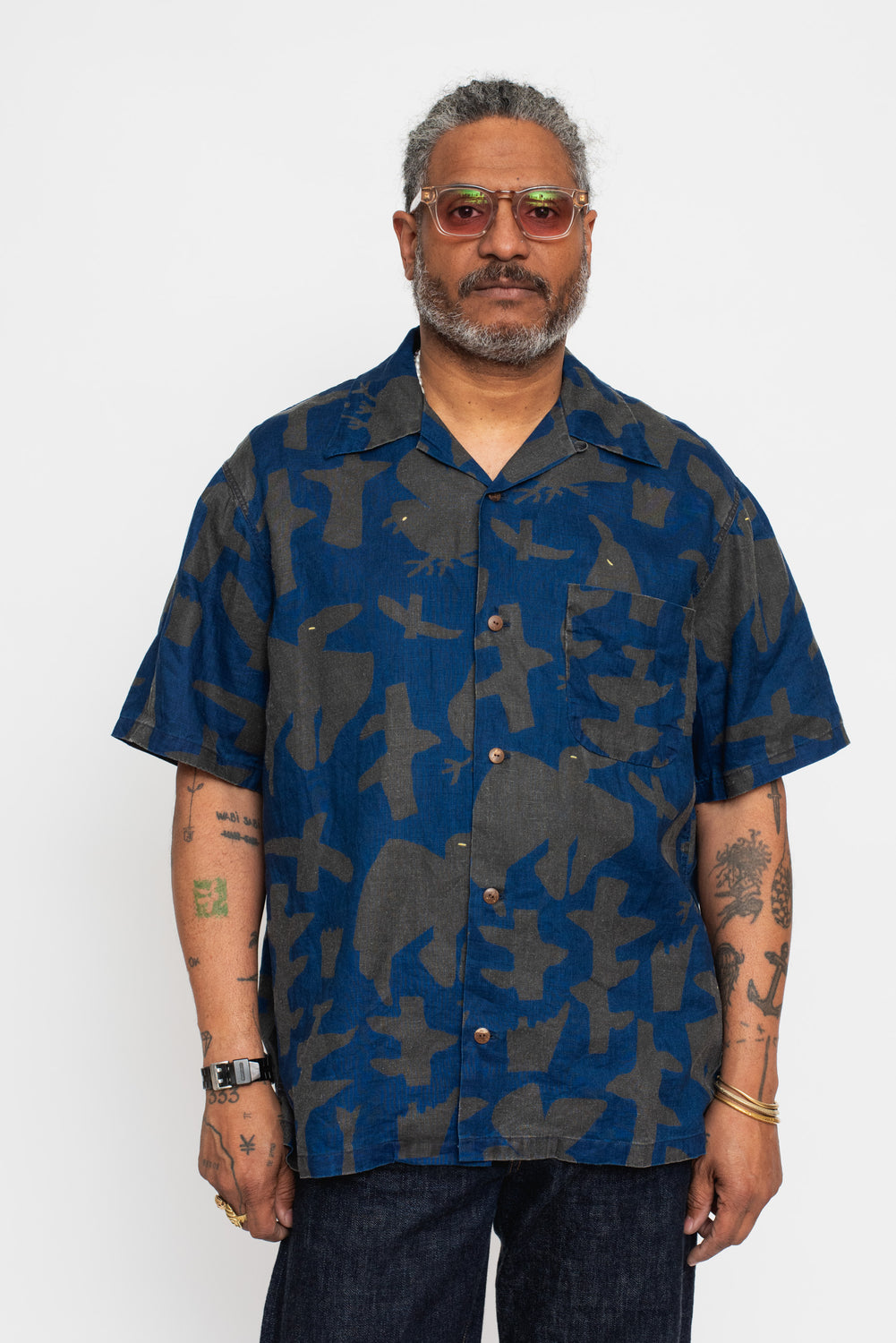 French Cloth Linen GUIDING LIGHT RAVEN-dye Aloha Shirt, IDG