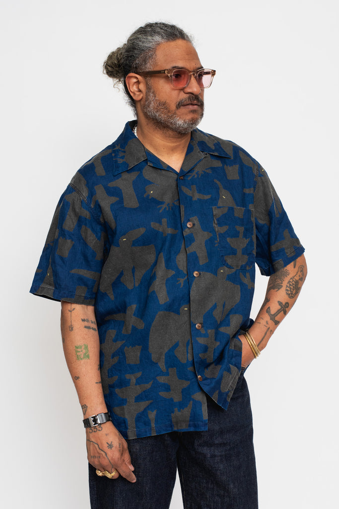 French Cloth Linen GUIDING LIGHT RAVEN-dye Aloha Shirt, IDG