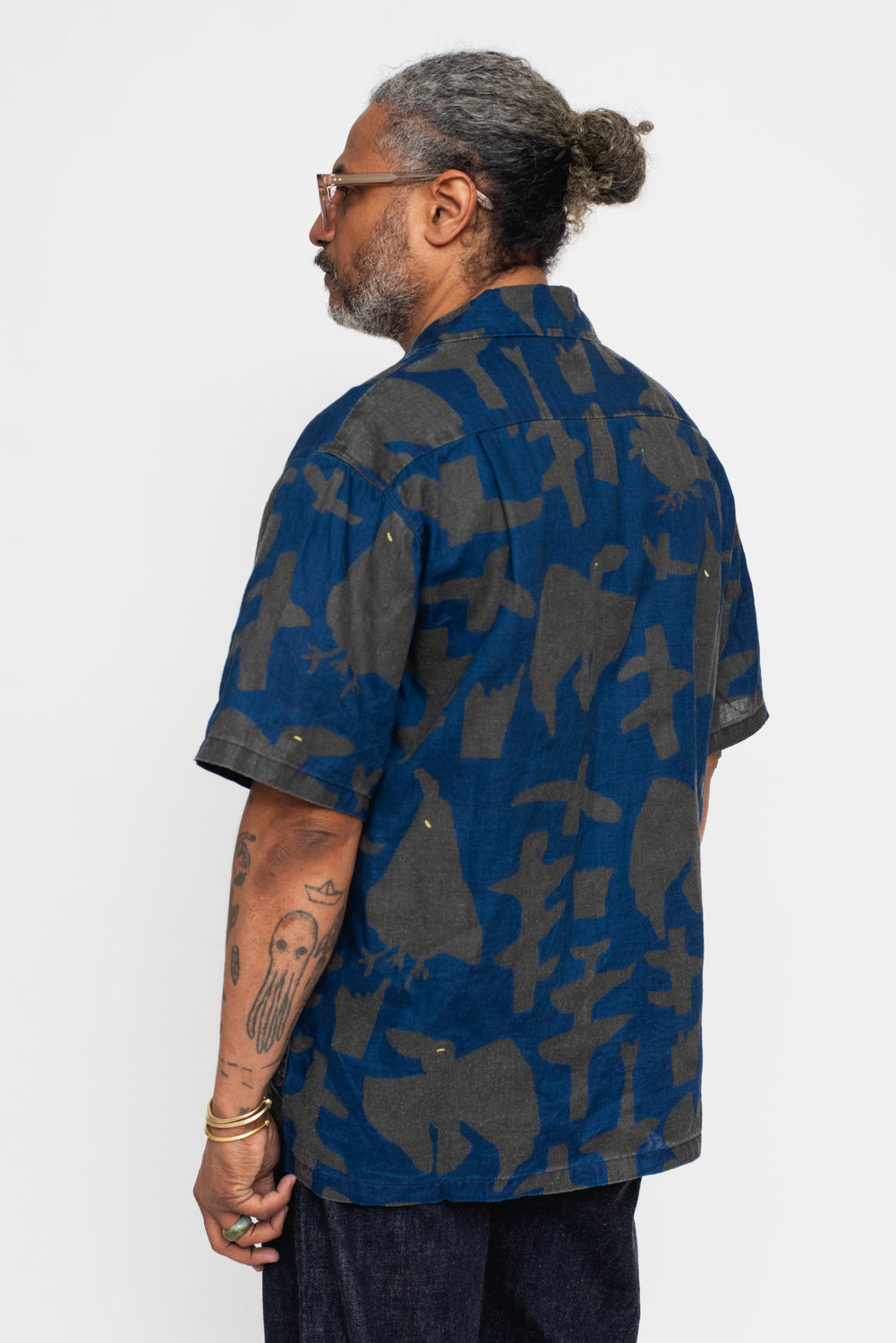 French Cloth Linen GUIDING LIGHT RAVEN-dye Aloha Shirt, IDG