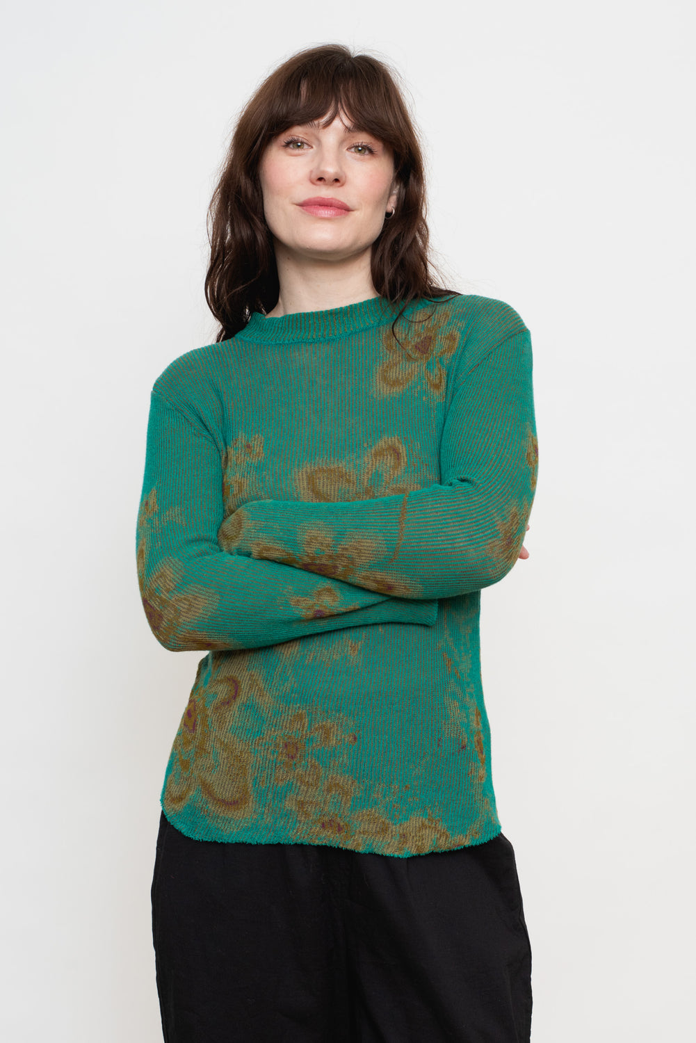 Cotton Knit Floral L/S Sweater, Emerald Green