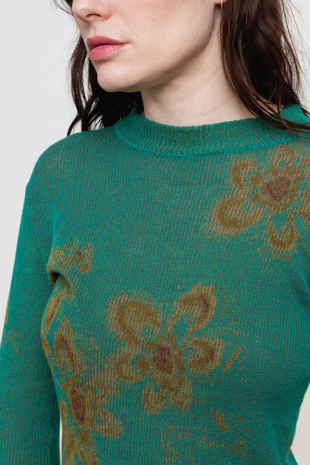 Cotton Knit Floral L/S Sweater, Emerald Green