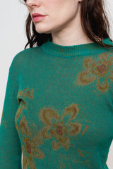 Cotton Knit Floral L/S Sweater, Emerald Green