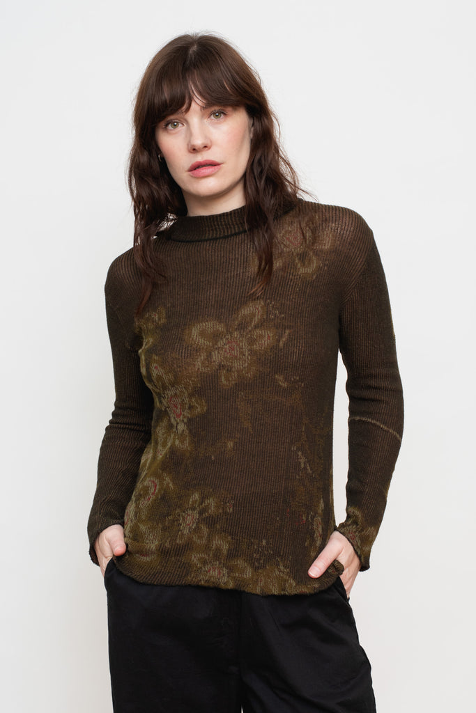 Cotton Knit Floral L/S Sweater, Charcoal Brown