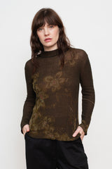 Cotton Knit Floral L/S Sweater, Charcoal Brown