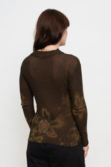 Cotton Knit Floral L/S Sweater, Charcoal Brown