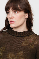 Cotton Knit Floral L/S Sweater, Charcoal Brown