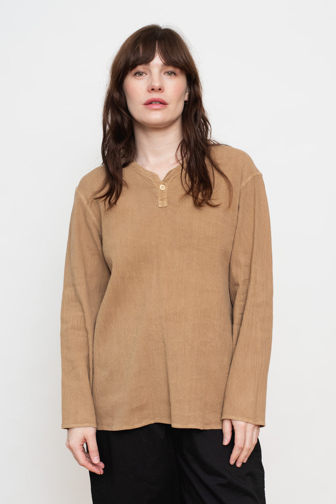 Tightly Twisted Cotton and Hemp Long Sleeve Henley Shirt, Walnut