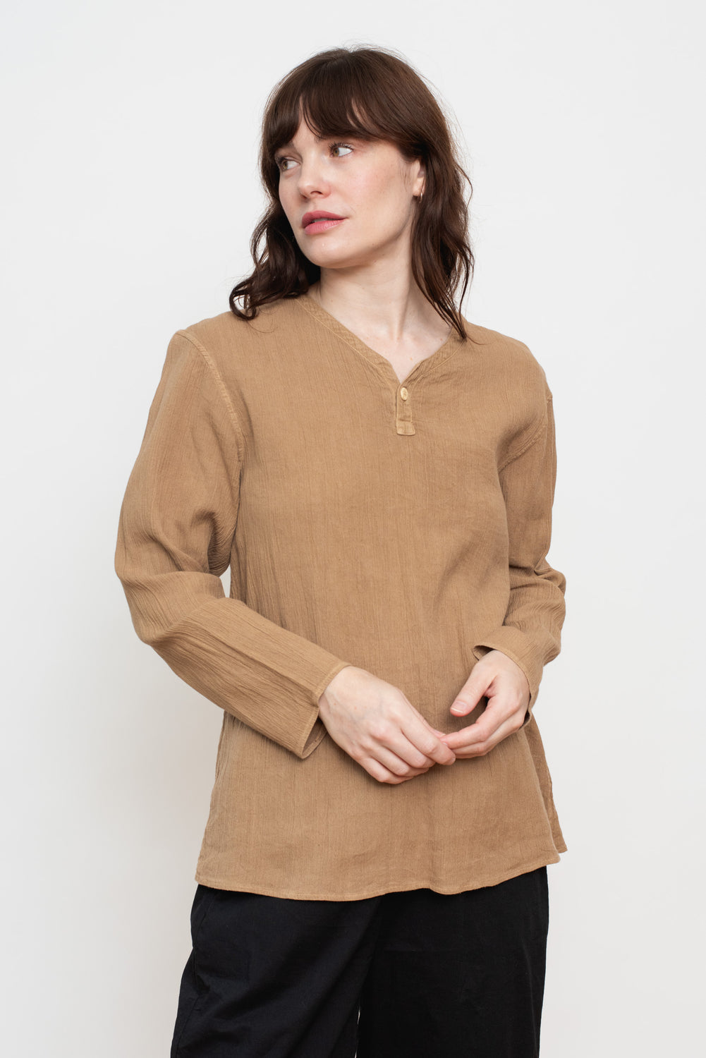 Tightly Twisted Cotton and Hemp Long Sleeve Henley Shirt, Walnut